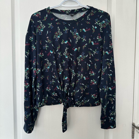 George Tops - George Navy Floral Long Sleeve Tie-Front Top